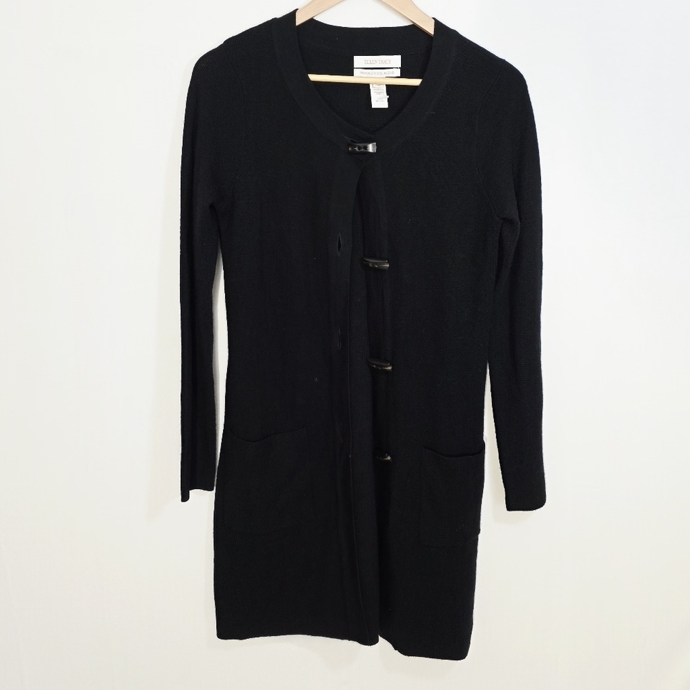 Ellen Tracy Merino Wool Blend Black Toggle Buttons Cardigan Sweater Women Size S